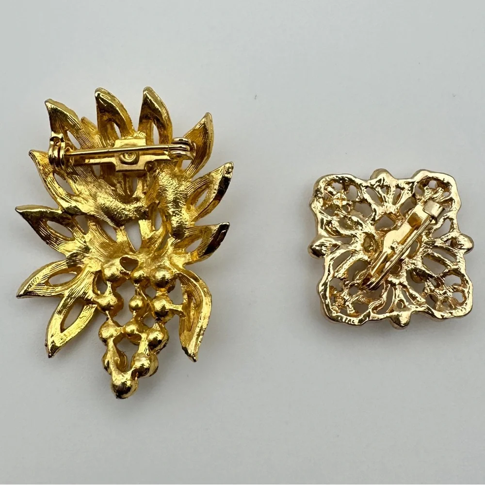 Vintage Rhinestone Gold Tone Brooch Pins Bundle of 2 Estate Costume Jewelry Lot - Picture 6 of 10